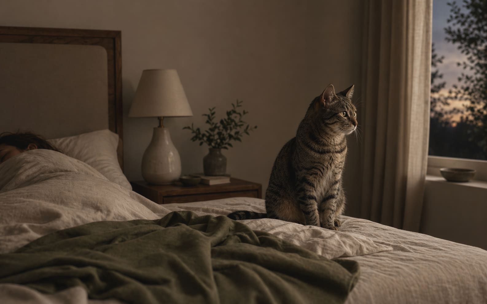 A cat stands alert at the edge of a bed in a dim bedroom lit by early morning blue light.