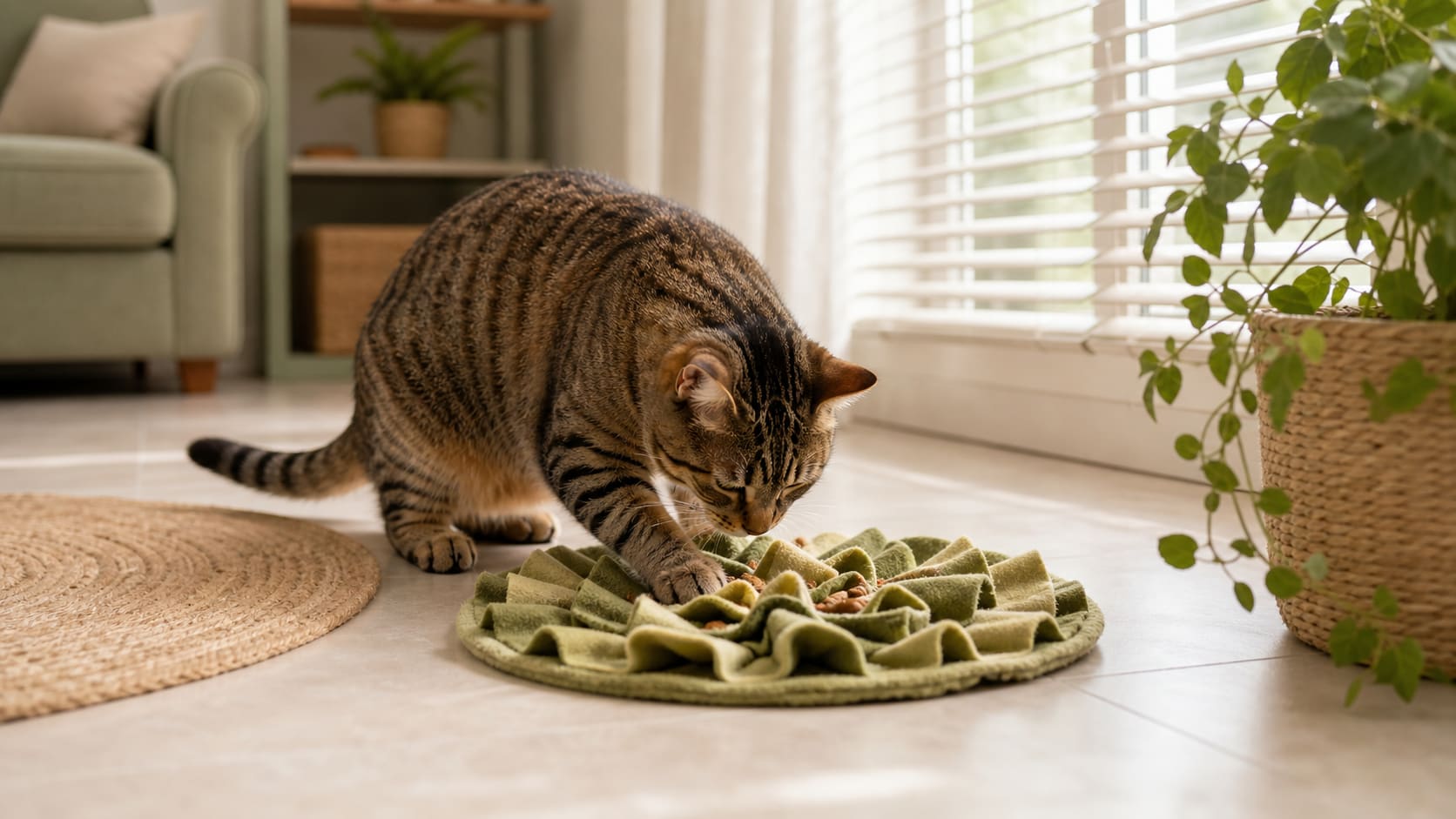A cat calmly working a treat puzzle on a cool floor in a shaded summer room.