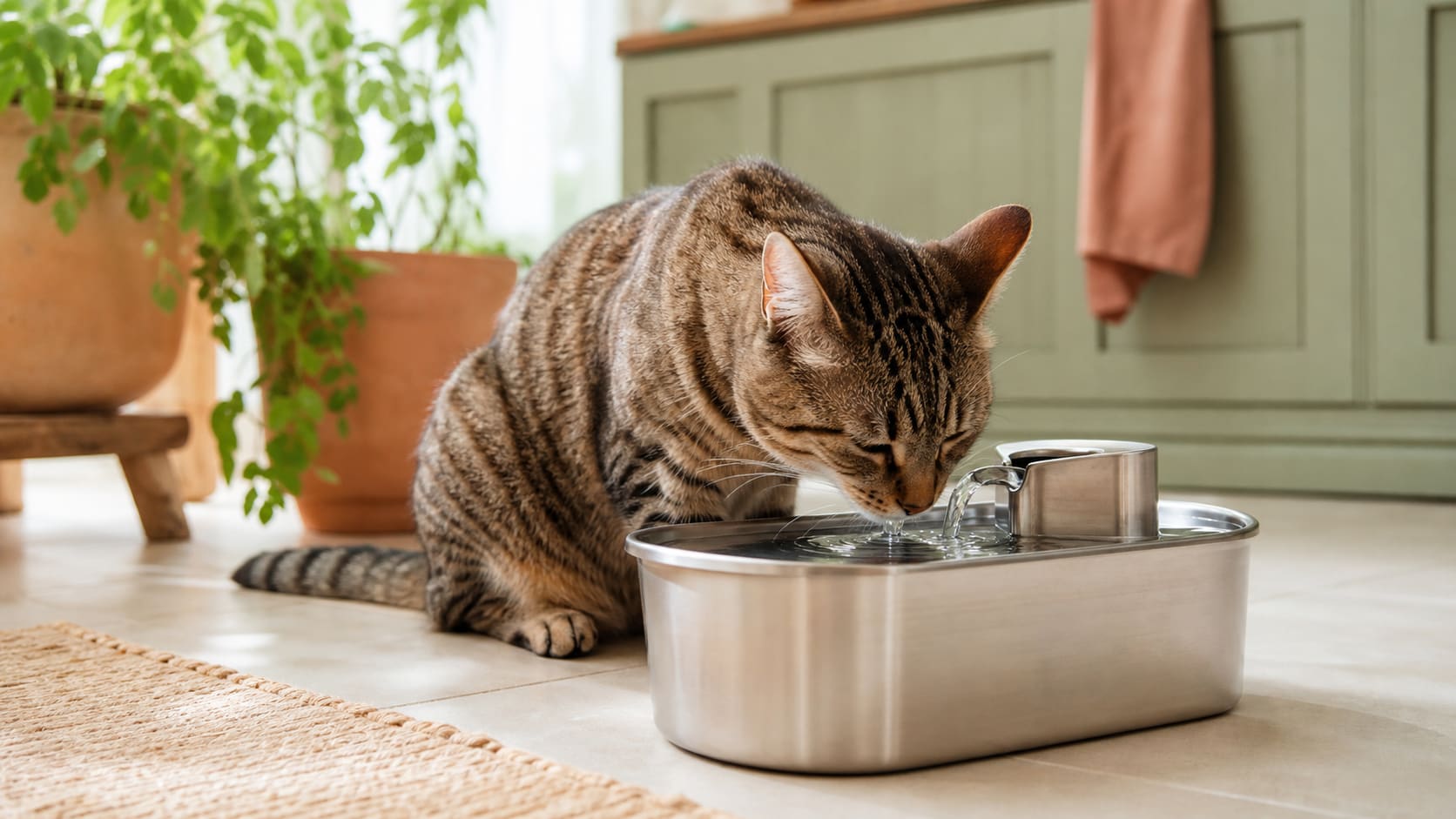 A cat drinking from a stainless steel water fountain in a bright kitchen corner.
