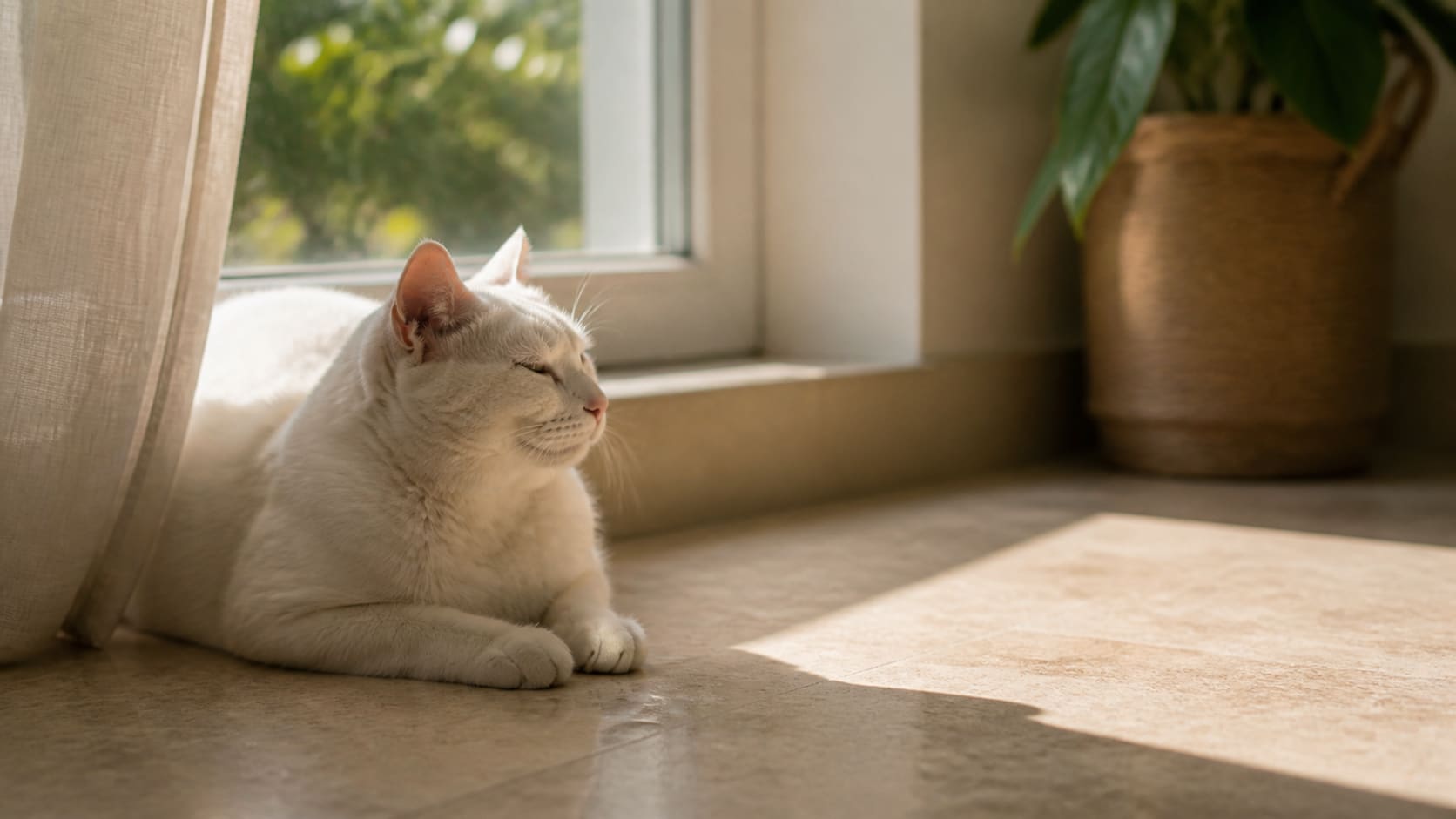 A white cat resting in the shade of a windowsill, out of a bright patch of summer sun.