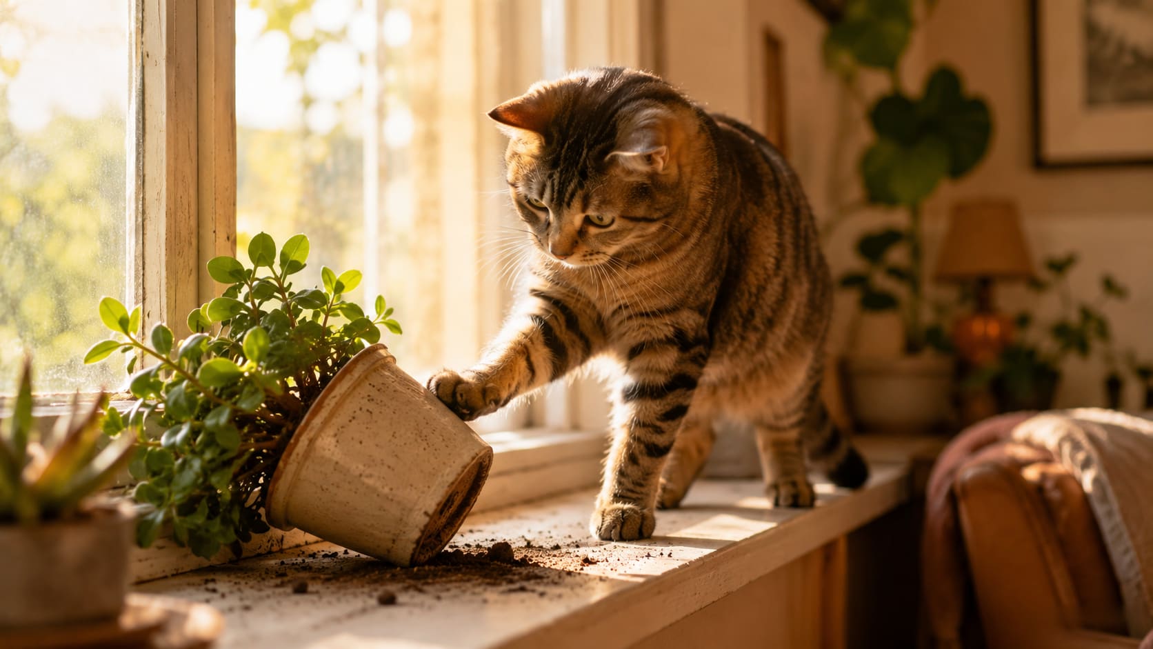 A curious cat batting at a knocked-over potted plant on a windowsill in a sunlit room.
