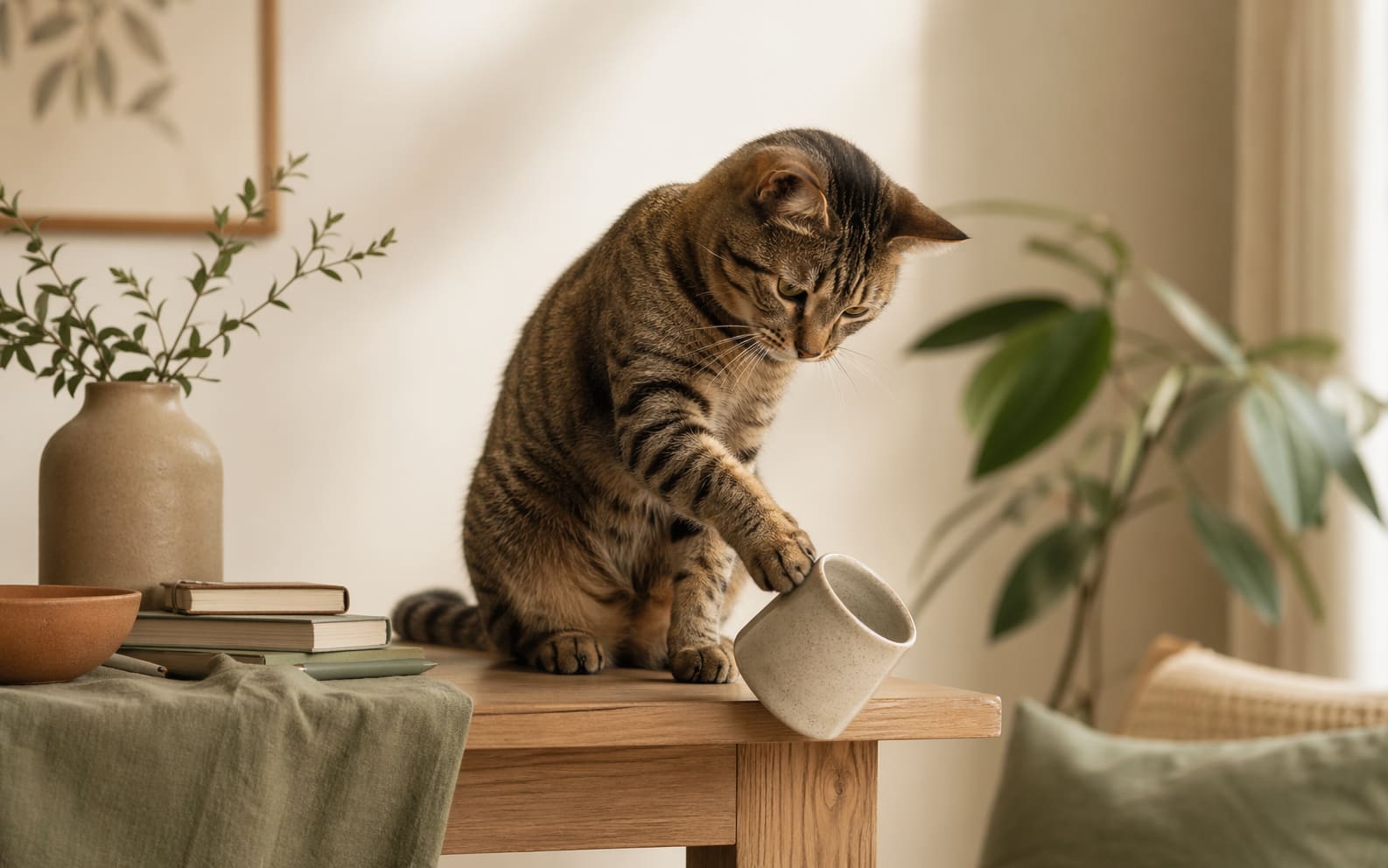 A gray cat extends one paw toward a glass at the edge of a wooden side table.