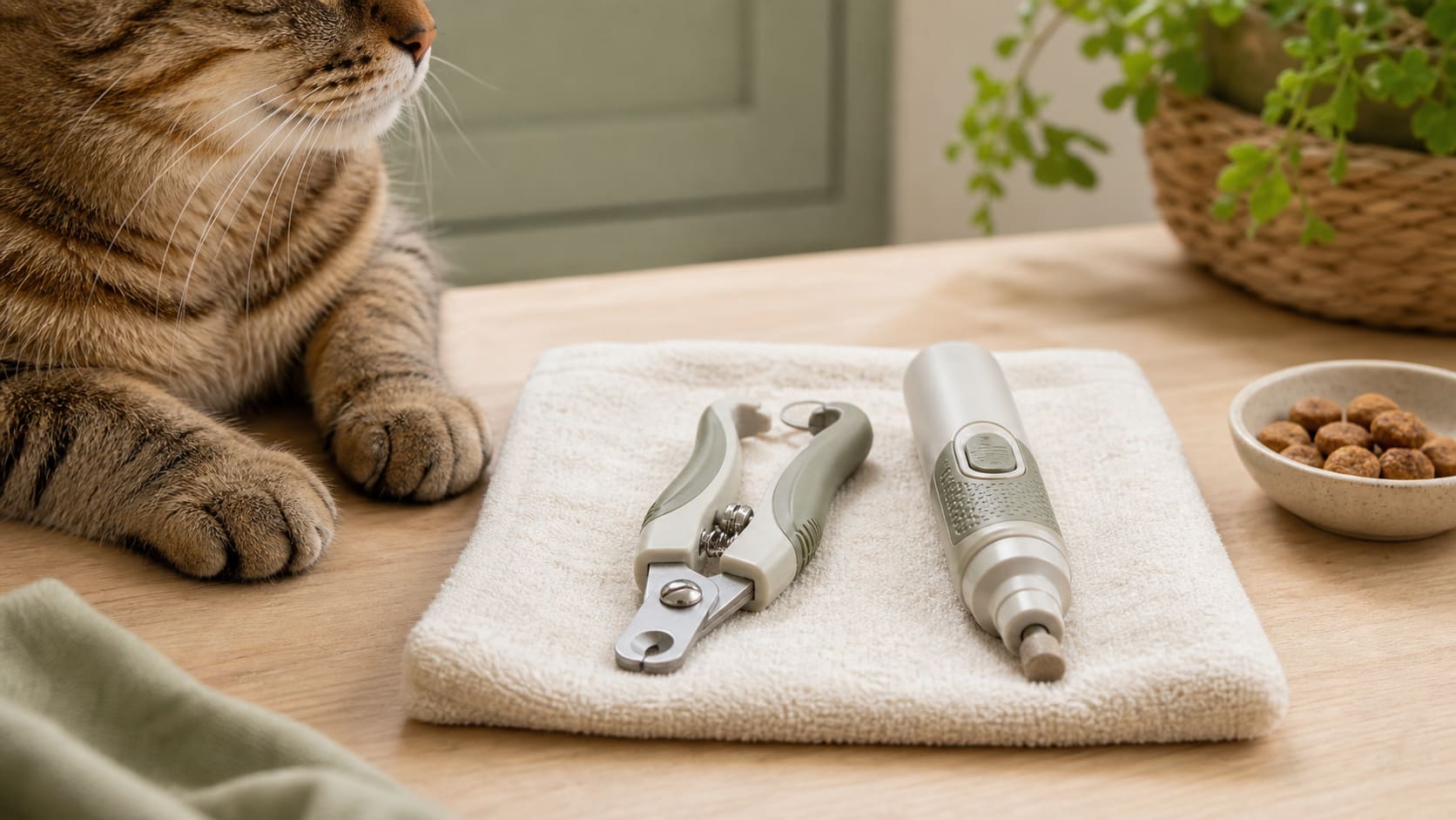 Cat nail clippers and a quiet nail grinder arranged beside treats on a light table.