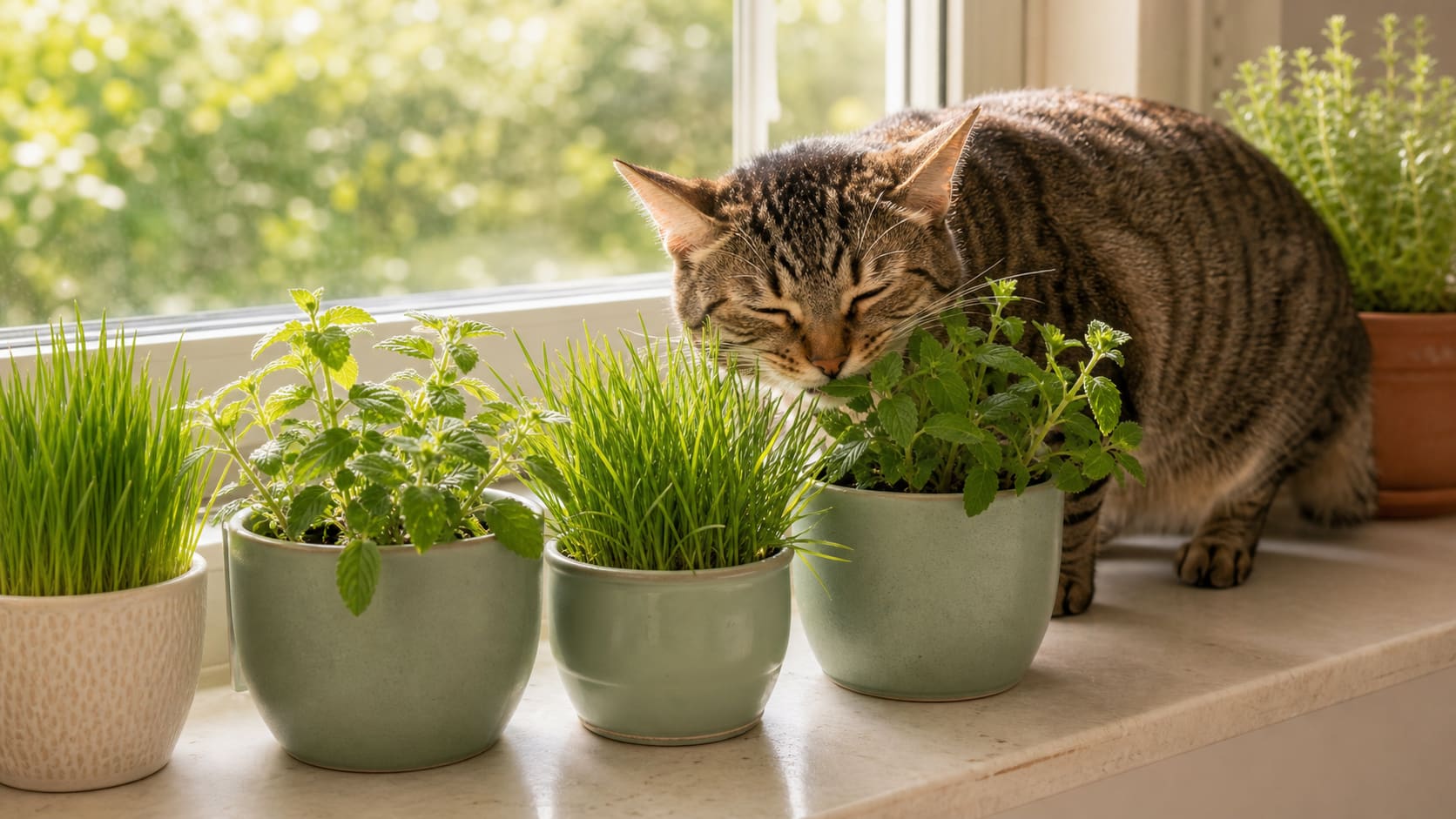 A windowsill planted with cat grass, catnip, and cat-safe herbs with a cat sniffing the greens.