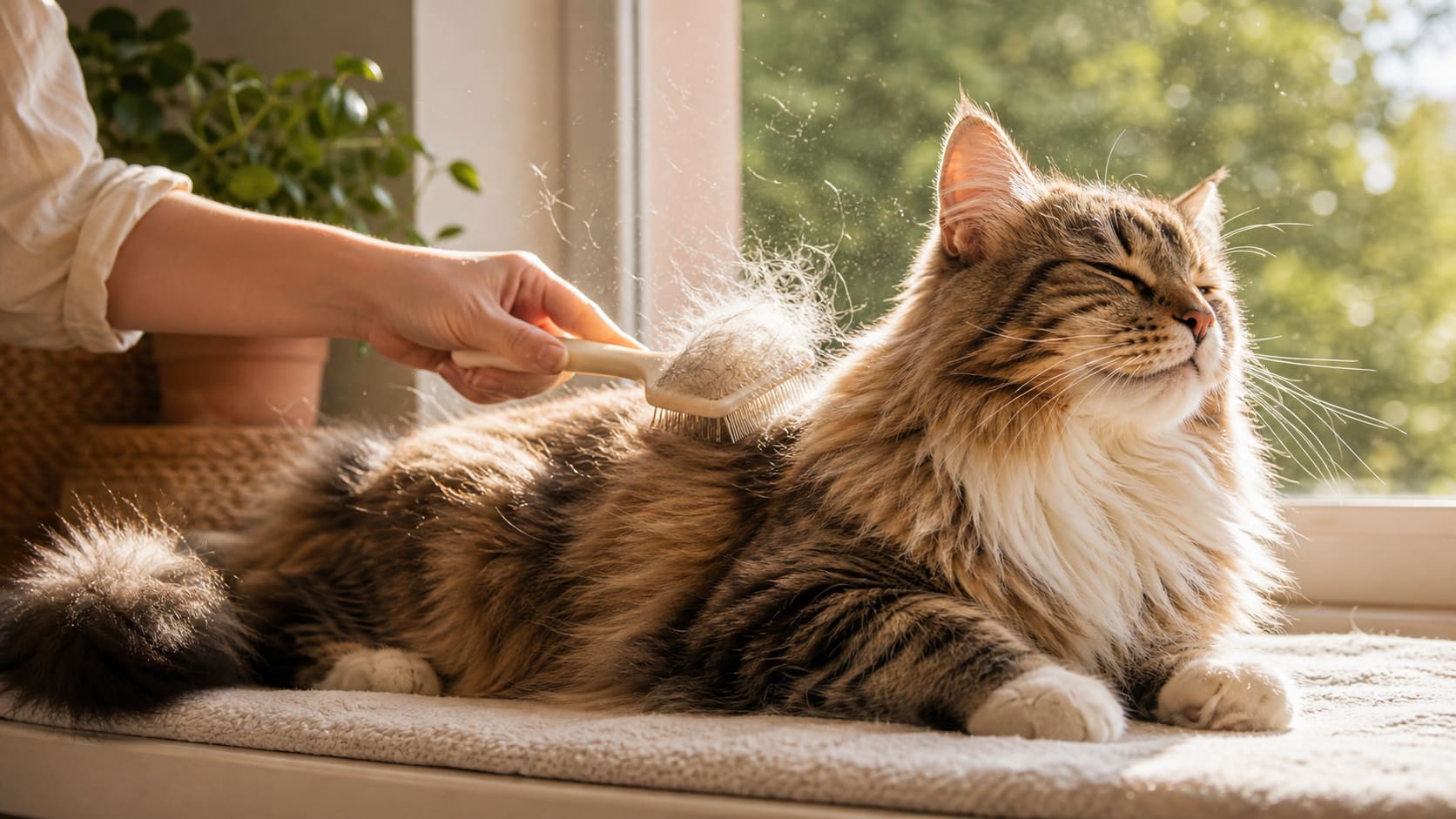 A long-haired cat being gently brushed on a sunny windowsill, loose fur lifting away from the coat.