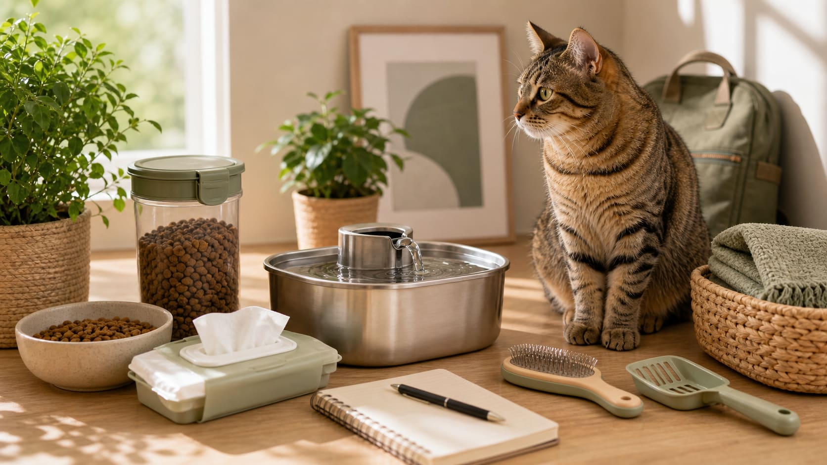 A neat cat sitter station with water, food, wipes, brush, and written notes beside a calm cat.