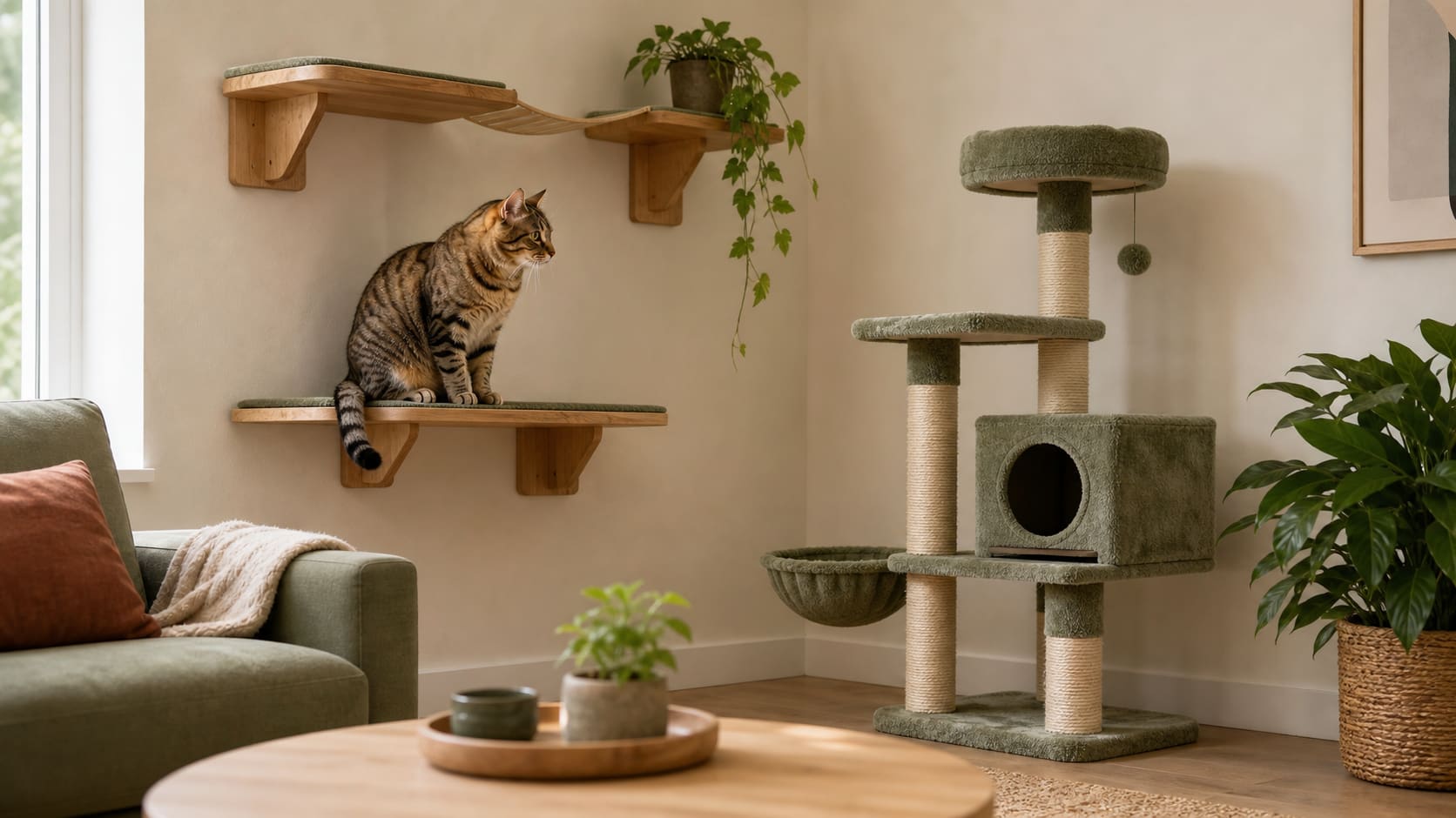 A cat looking from a wall shelf toward a cat tree in a warm living room.