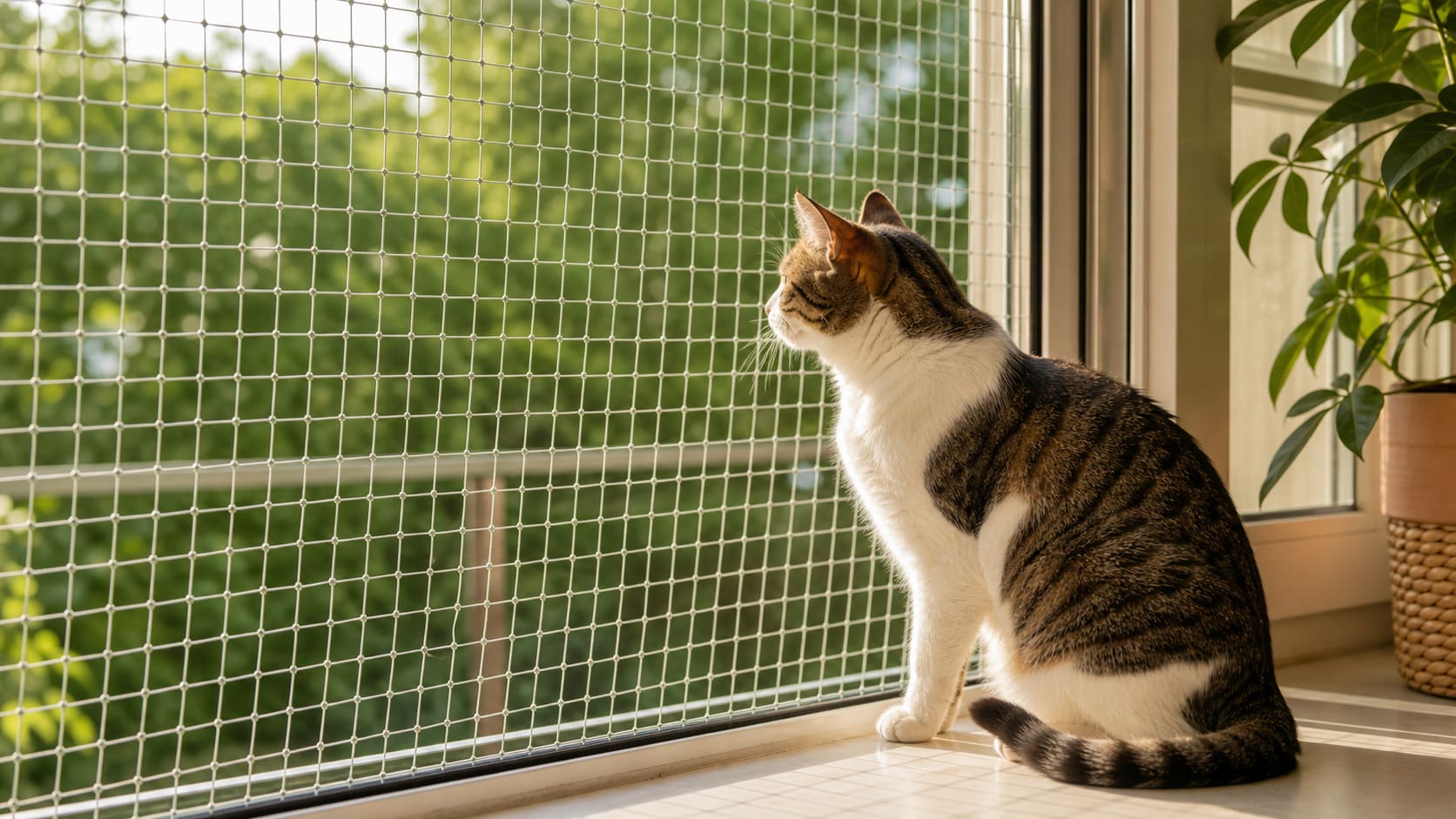 A cat sitting safely behind a secure mesh window screen looking outside on a summer day.