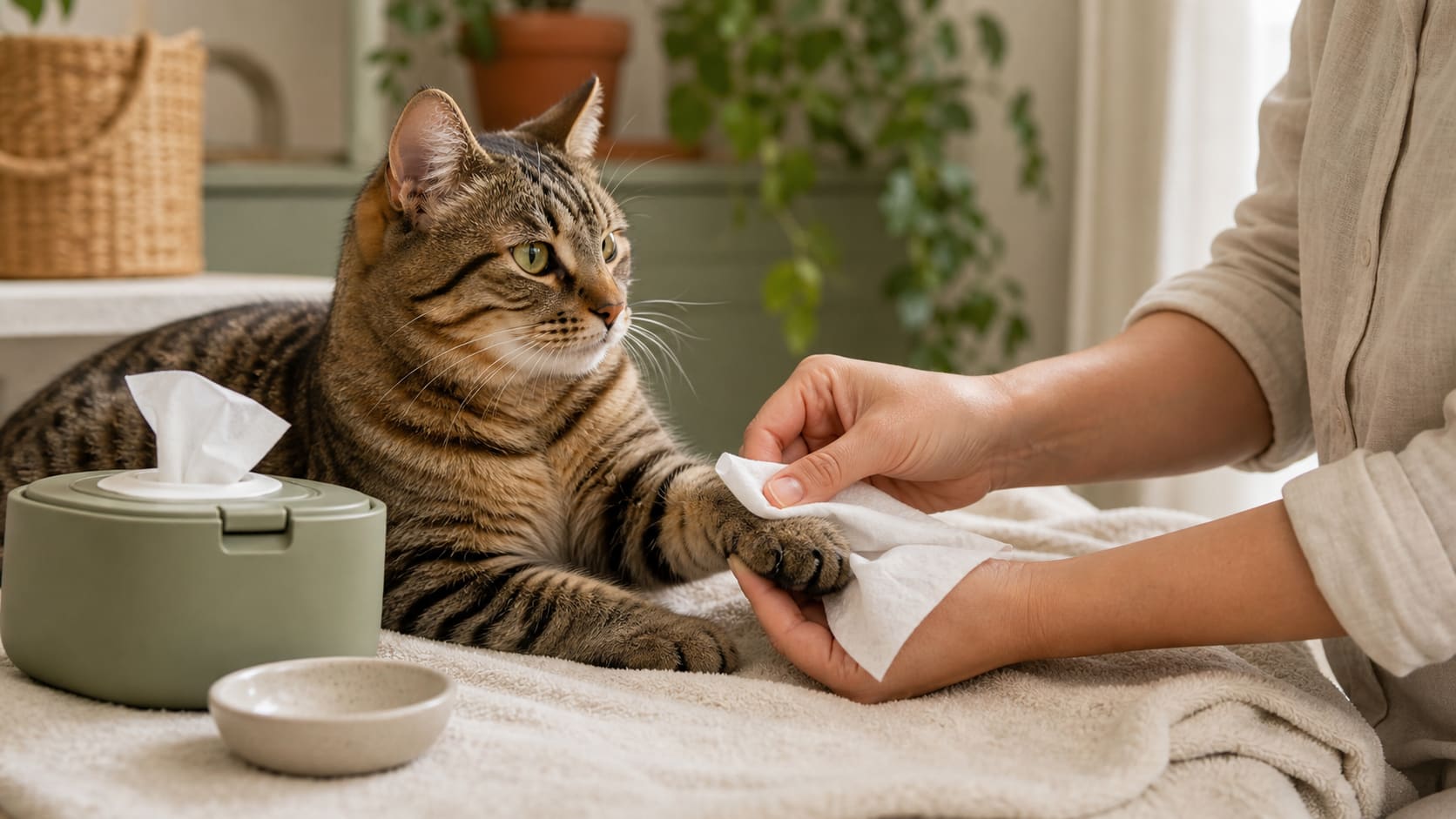 A person gently wiping a calm cat's paw with a pet wipe on a light towel.