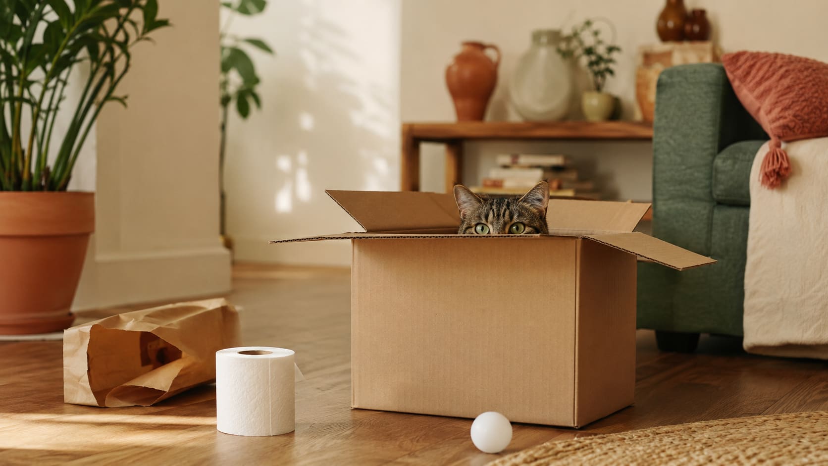 A curious cat playing inside a plain cardboard box surrounded by simple household items on a wooden floor.