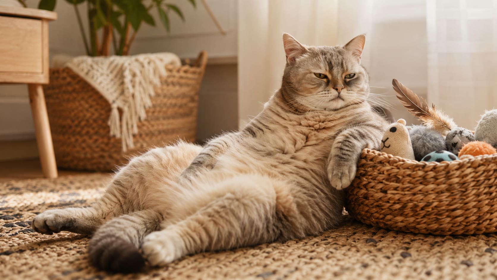 A basket of assorted cat toys beside a cat that is looking away, unimpressed, in soft daylight.