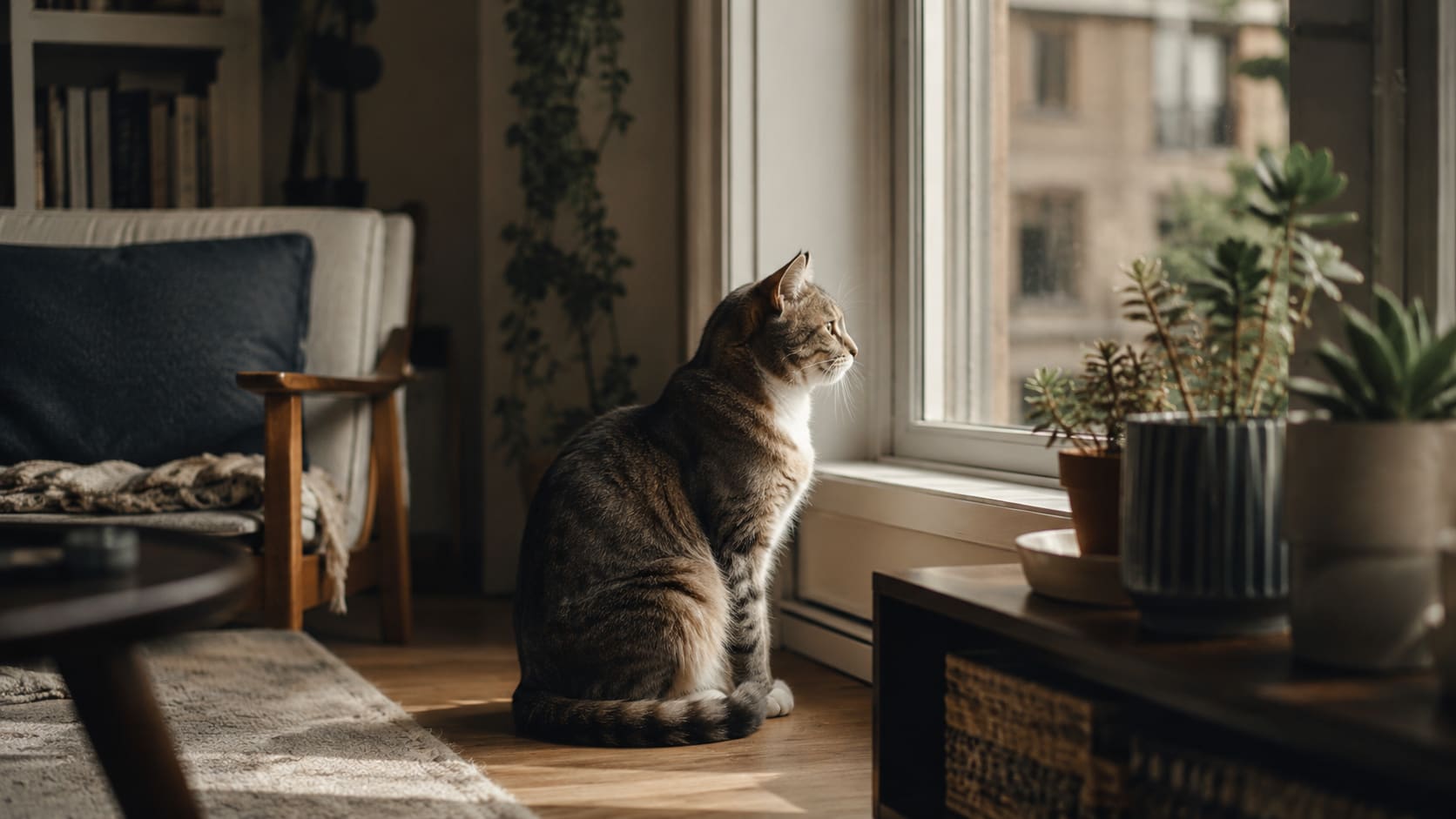 A single cat sitting alone by a window in a calm apartment, looking out into soft afternoon light.