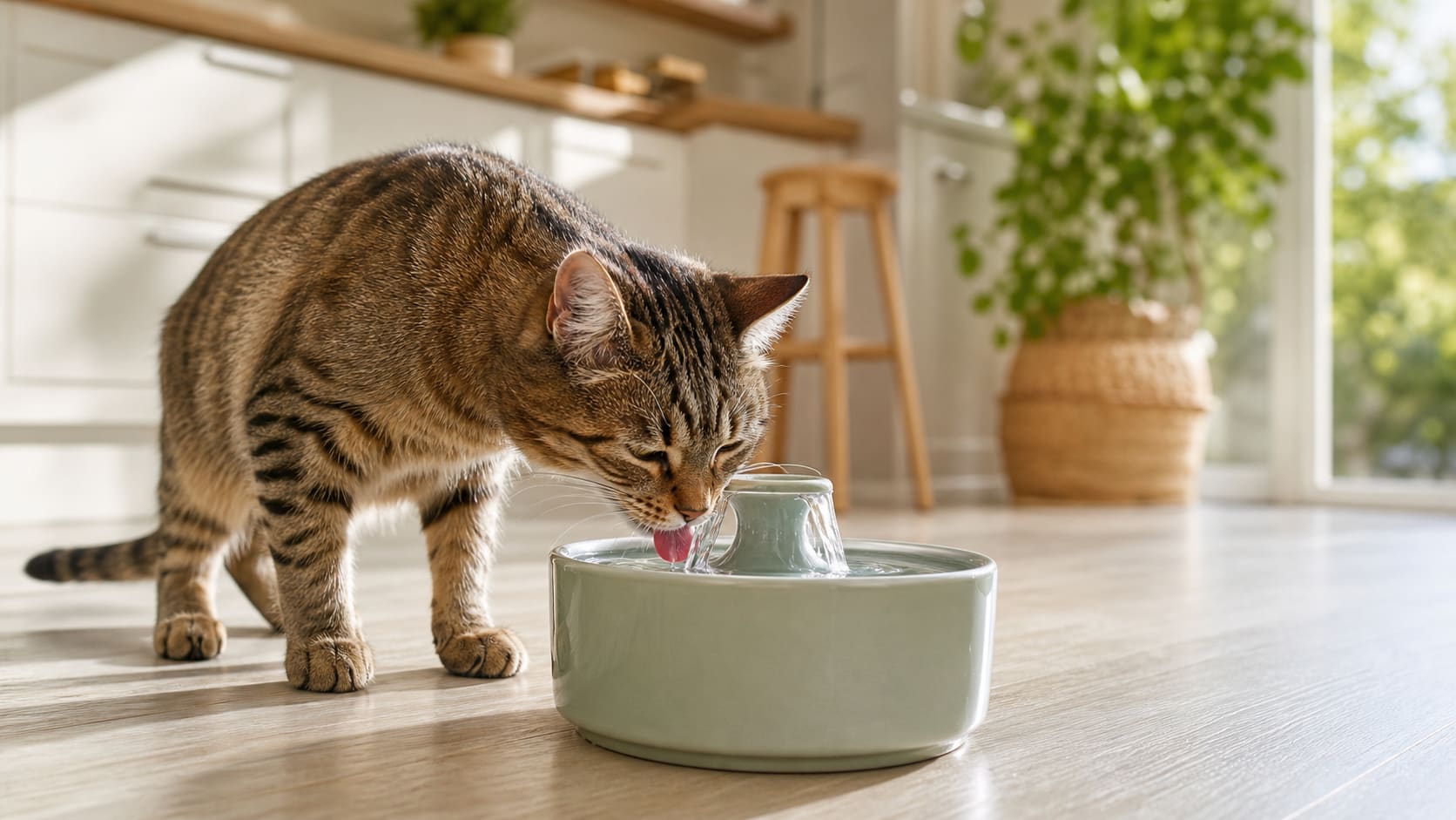 A cat drinking from a flowing pet water fountain on a kitchen floor in summer light.