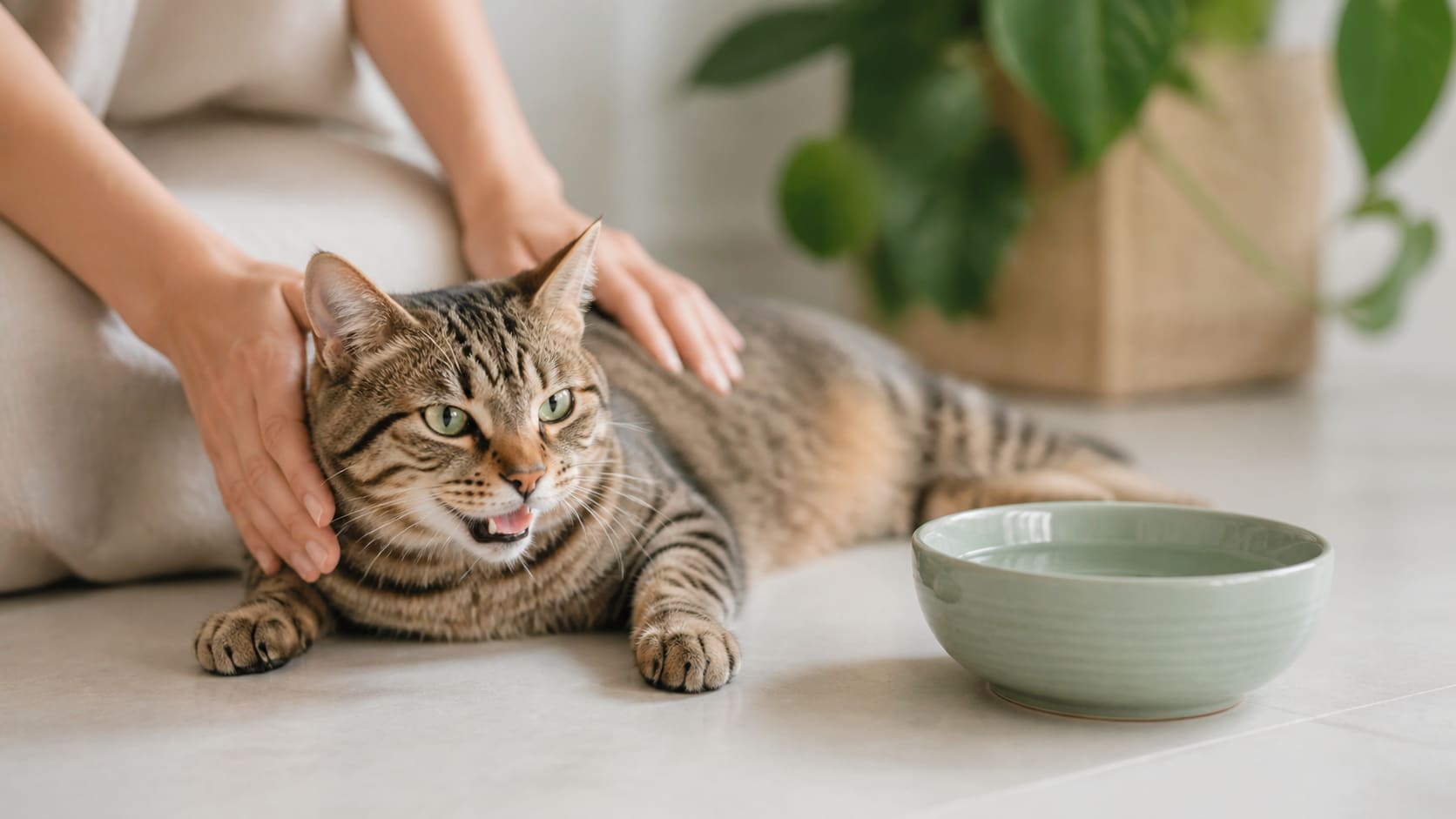 A concerned owner gently checking on a panting cat resting on a cool floor near a water bowl.