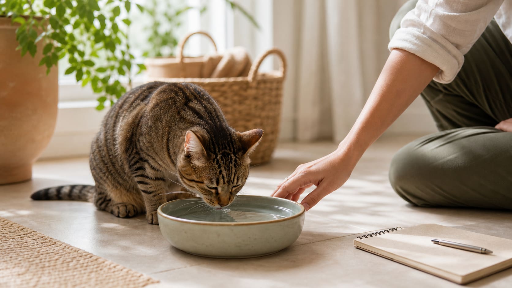 A cat drinking from a bowl near a sunny window while an owner checks the water level.