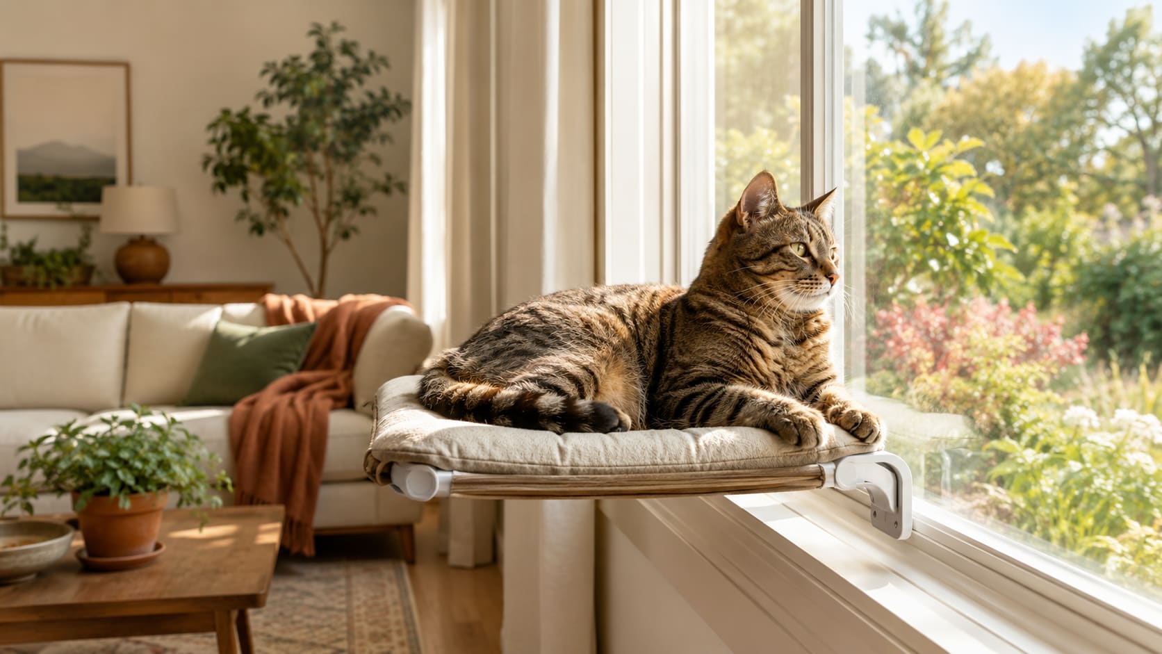 A relaxed tabby cat lounging on a sunny window perch in a quiet apartment during the day.