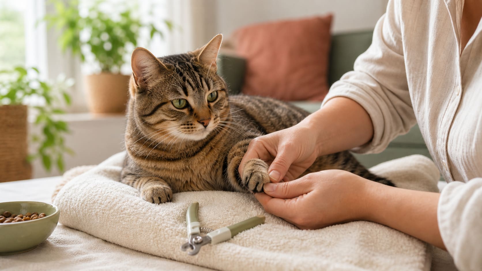 A calm cat having one paw gently held for a nail trim in soft daylight.