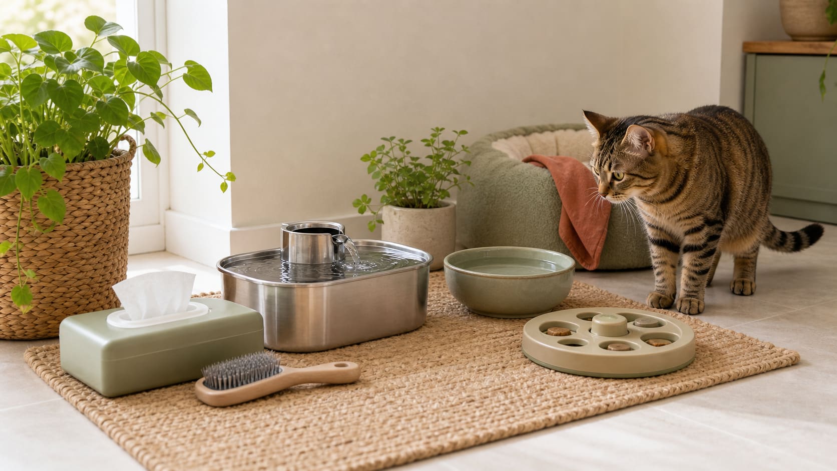 A tidy summer cat station with a water fountain, brush, wipes, and treat toy in a bright room.