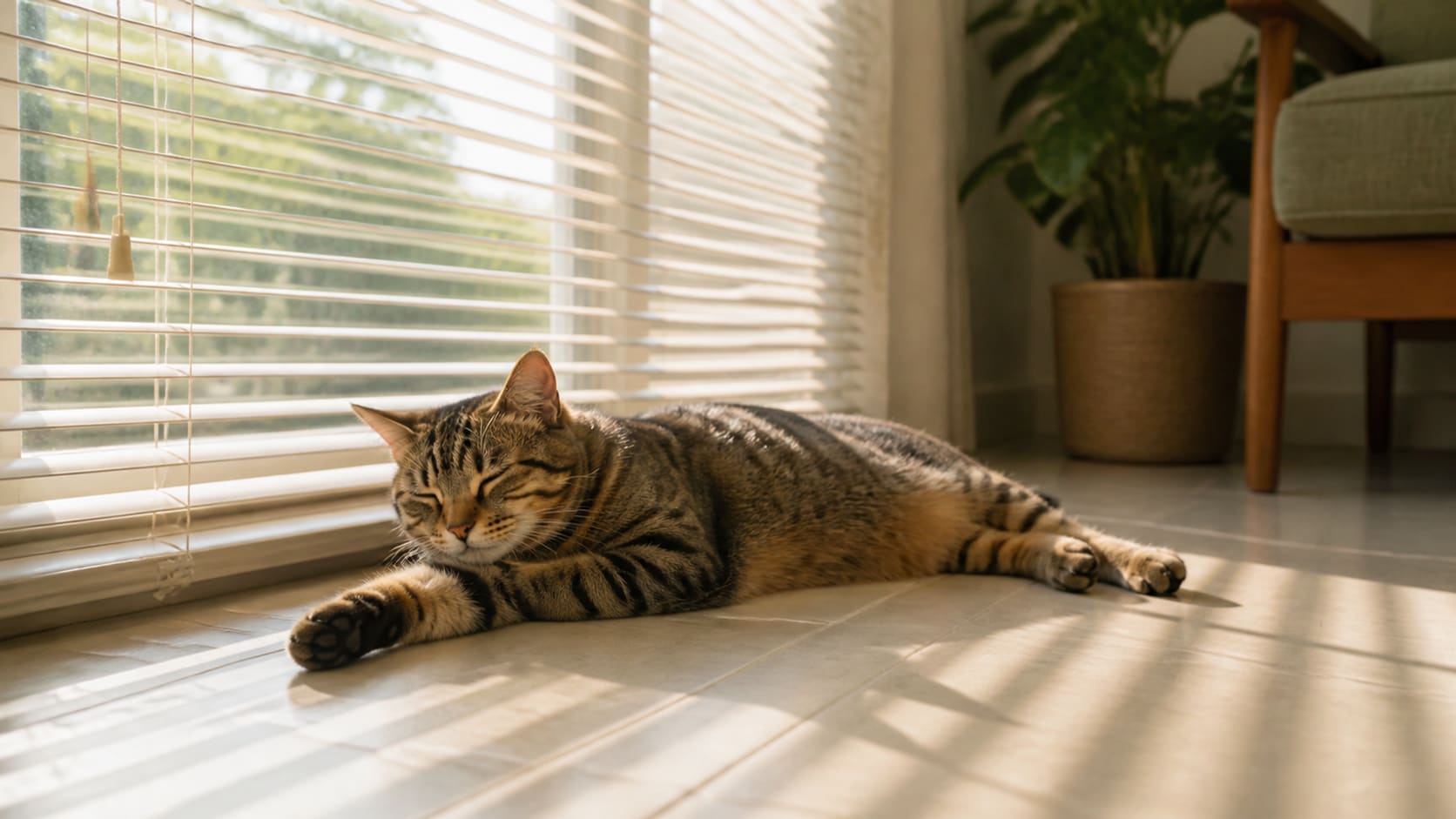 A cat resting on cool floor tiles in a shaded room with blinds drawn against the summer sun.