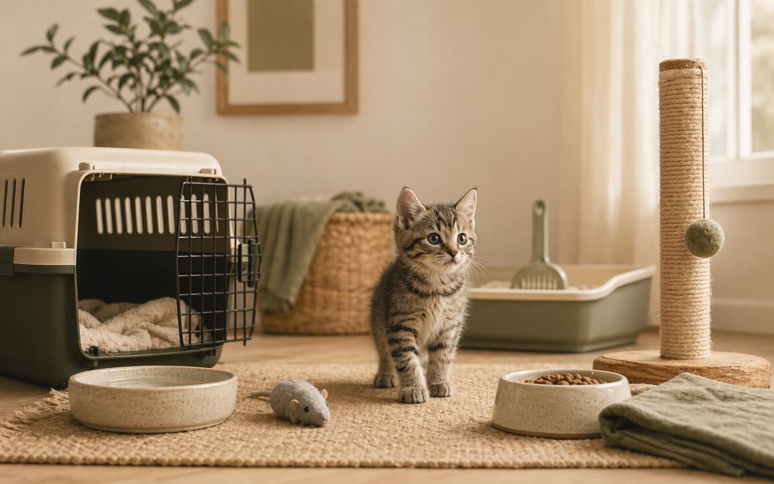 A small orange kitten sits beside a litter box, food bowl, and soft blanket in a calm starter room.