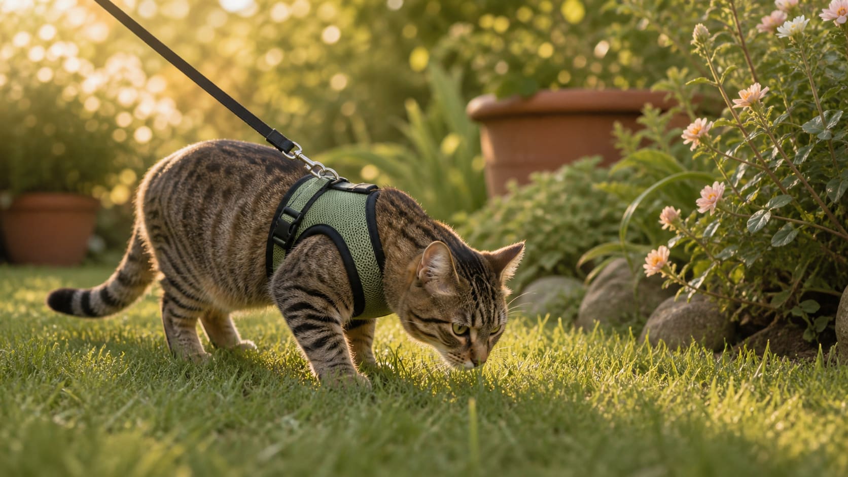 A cat in a well-fitted harness exploring a garden on a leash during a calm summer evening.