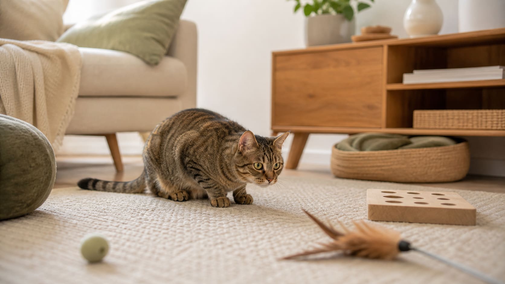 A tabby cat crouching in a living room with focused eyes.