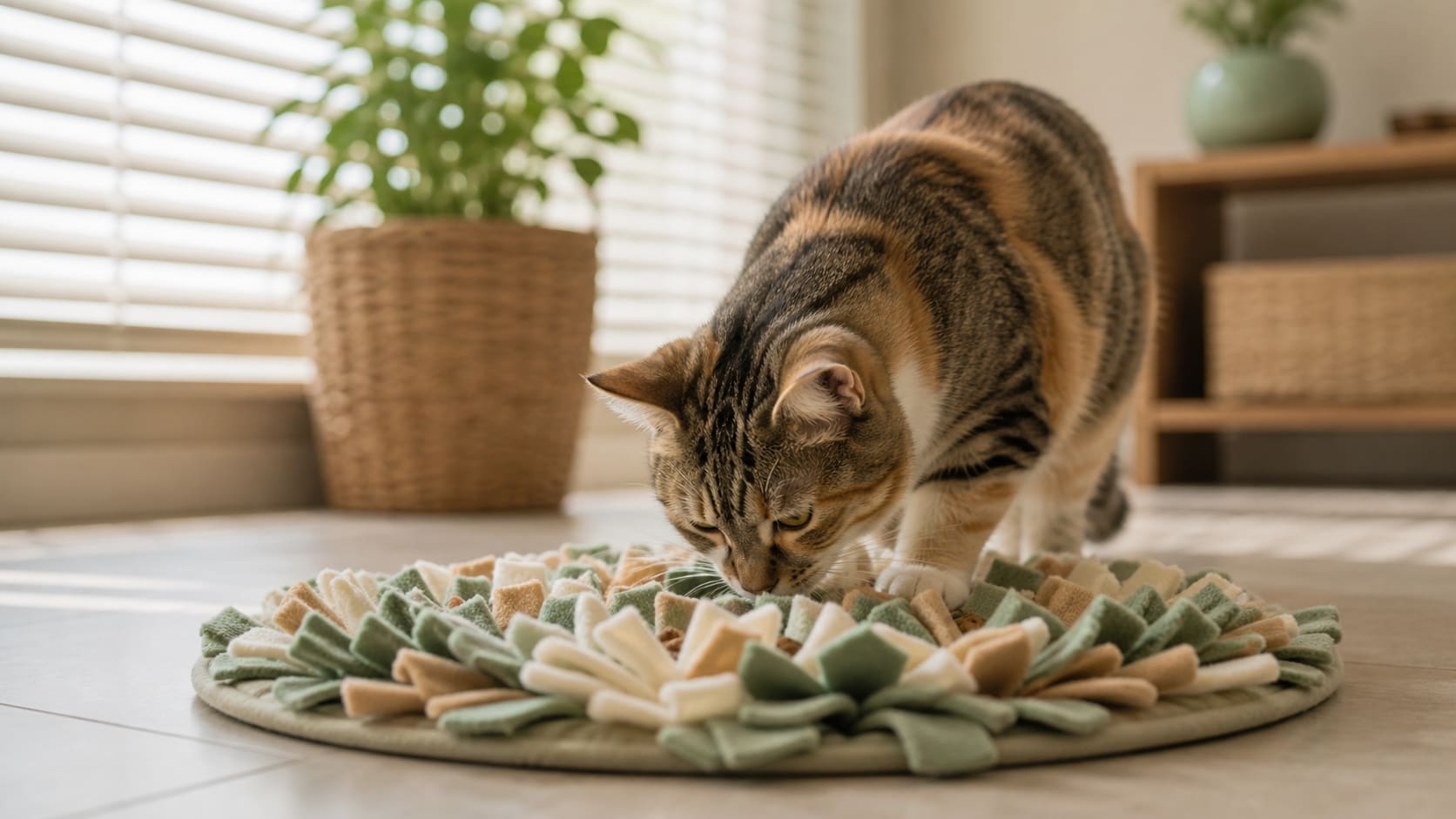 A cat calmly working treats out of a snuffle mat on a cool floor in a shaded summer room.