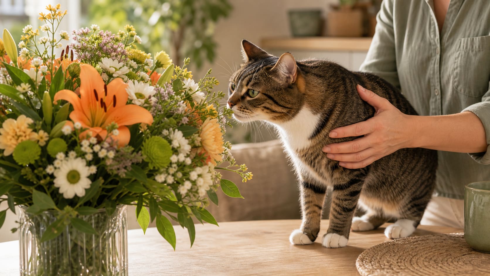 A curious cat sniffing a bouquet of flowers on a summer table, with a watchful owner nearby.