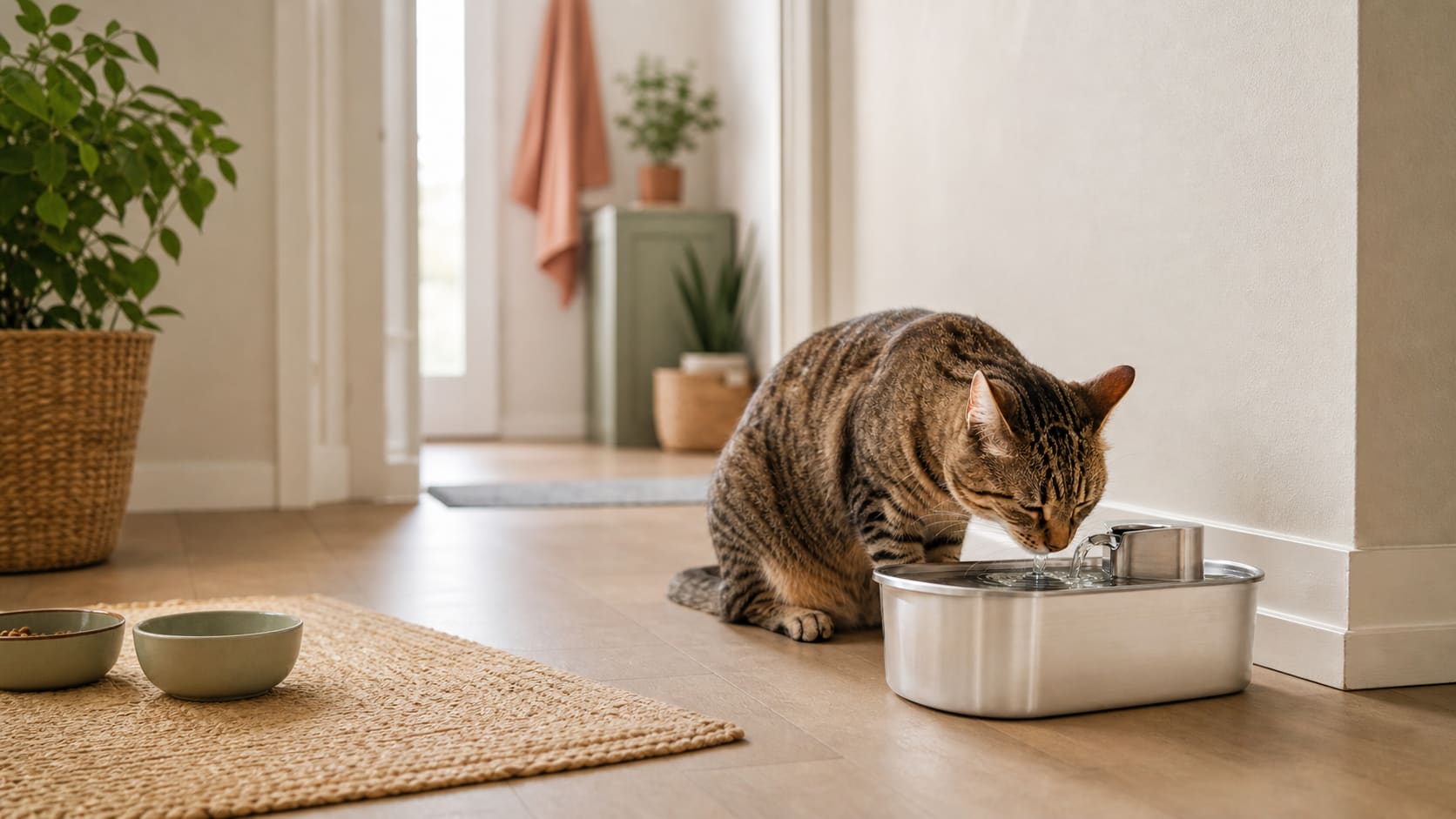 A cat drinking from a water fountain placed in a quiet bright hallway corner.