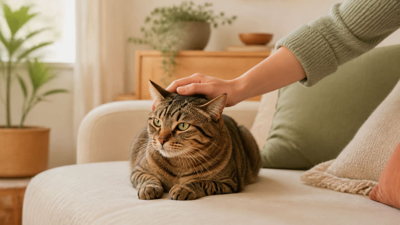 A tabby cat resting on a sofa while a person gently pets the top of the cat's head.