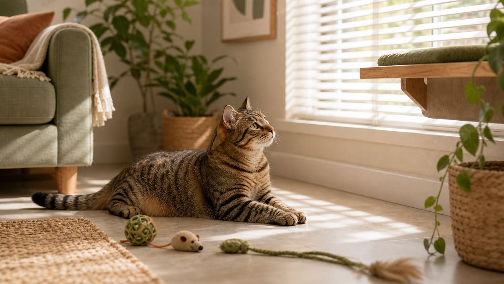 A bored indoor cat lying near toys in a shaded summer living room.